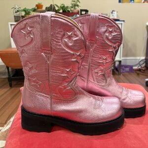 John Fluevog x Anna Sui Pink Metallic Ankle Cowboy Boots W 10.5